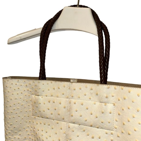 Ostrich Imprint Large off white brown braided handles large pvc tote - Picture 6 of 7